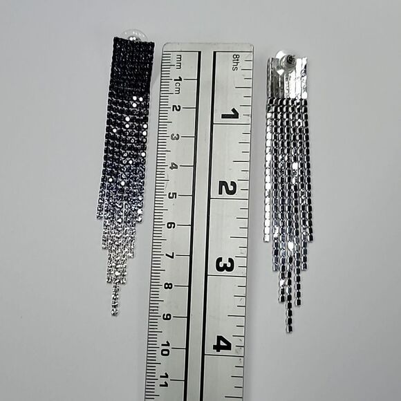 Ombre Black, Navy, White Rhinestone Dangle Earrings - Picture 6 of 7